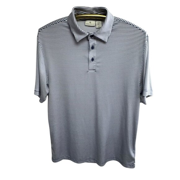 Rorie Whelan Golf Navy Blue Striped Performance Short Sleeve Polo - Picture 3 of 7